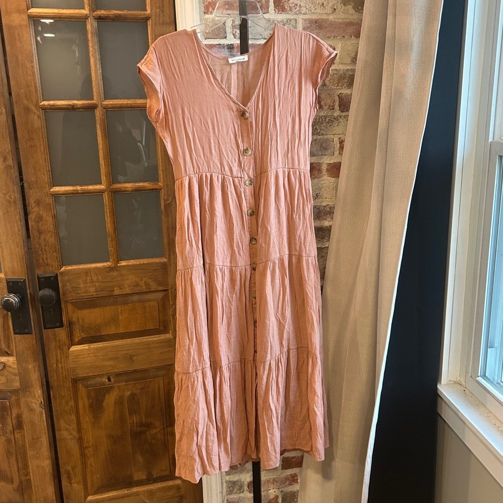 Blu Pepper Midi Dress Womens Pink Button Front Tiered V-Neck Cap Sleeve Size M